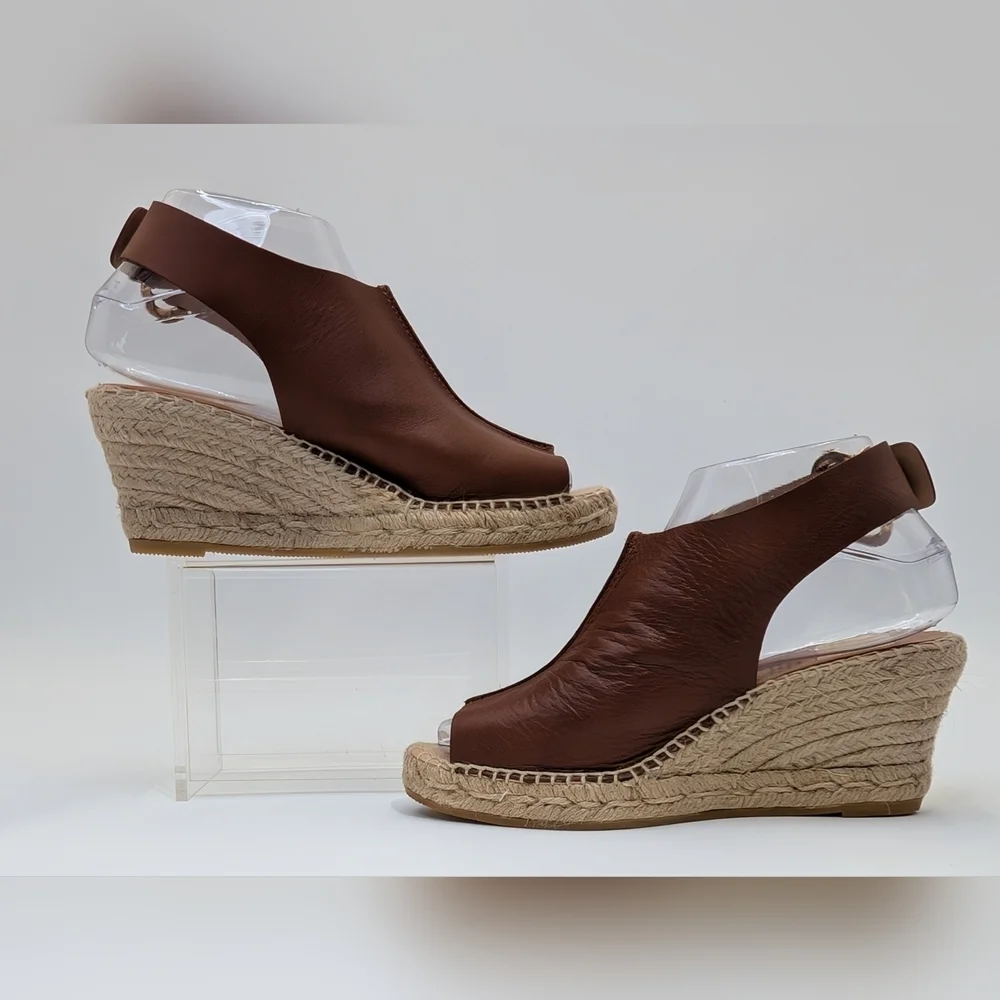 Kanna Peep Toe Spain Slingback Brown Leather Espadrille Wedge Sandals Size‎ 6.5